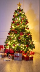 Decorated Christmas Tree with Red Ornaments and Presents on Wood Floor Indoors