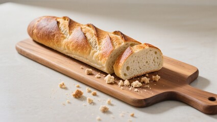 Freshly Baked Baguette on Wooden Cutting Board With Crumbs on Surface in Daylight