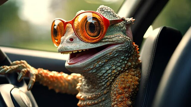 Road Trip Lizard: A whimsical image of a lizard wearing glasses, playfully gripping the steering wheel inside a car. A lighthearted and adventurous spirit.