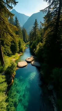 Crystal Clear River Flowing Through Alpine Forest at Sunrise