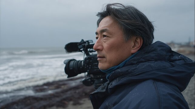A thoughtful Asian man stands by the shore, capturing the ocean waves with a video camera on a cloudy day.