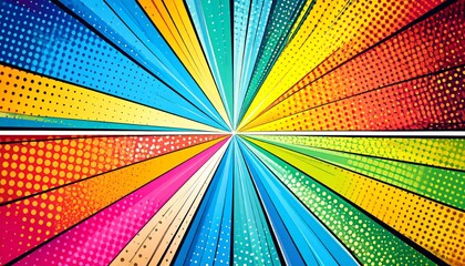 Fototapeta premium Vibrant Burst of Symmetrical Multicolor Rays with Retro Halftone Pattern