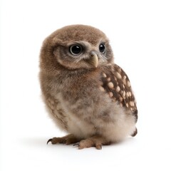 Obraz premium Curious young burrowing owl with large expressive eyes and spotted plumage against clean white background, perfect for wildlife education or conservation awareness with free copy space