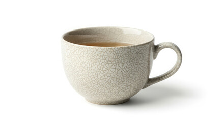 Light gray ceramic teacup filled with a light brown liquid, isolated on white background.