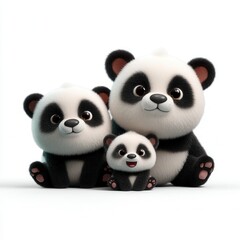 Obraz premium Adorable cartoon panda family with smiling baby panda between two adult pandas against white background, perfect for children's entertainment or wildlife conservation advertising