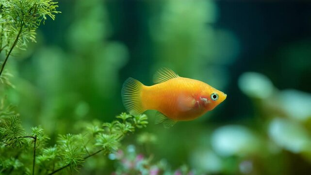 Balloon molly golden fish swims gracefully swims amidst lush green aquarium plants, creating a serene underwater scene.	