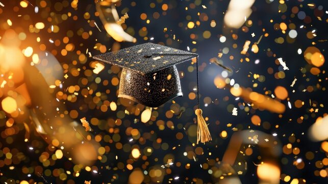 abstract graduation hat throwing confetti gold and black on hat .