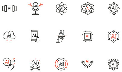 Vector set of linear icons related to neural networks,  AI integration, automation, digital innovation for technology presentations, apps, websites and infographics - part 1