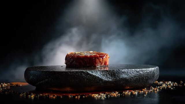 Close up of a steaming, dark brown seared meat patty resting on a black, textured stone slab against a black background. Subtle light illuminates the dish.