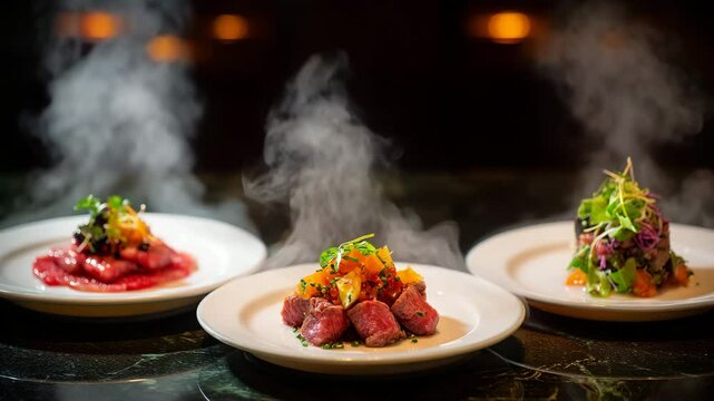 Three gourmet appetizer plates with steaming food. Close up view of red meat dishes, vibrant garnishes, and subtle lighting. Dark background.