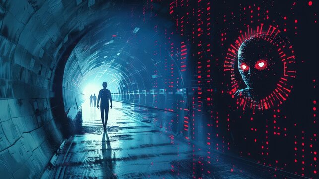 abstract illustration of a data tunnel infiltrated by shadowy figures with glowing red eyes on intruders .
