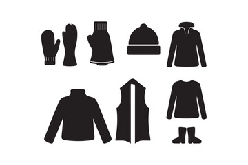 Collection of black winter clothing and accessories icons on a white background