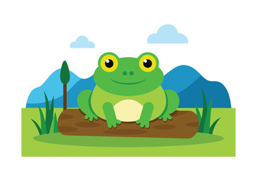 Naklejka premium Charming Green Frog on Log Amphibian Illustration in Nature Scene