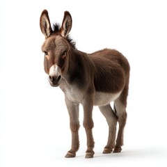Obraz premium Calm brown donkey standing against white background with alert ears and gentle expression, perfect for farm animal education or agriculture marketing with free copy space