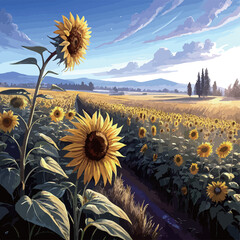 A sunflower field spreading out on a clear summer day