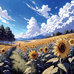 A sunflower field spreading out on a clear summer day