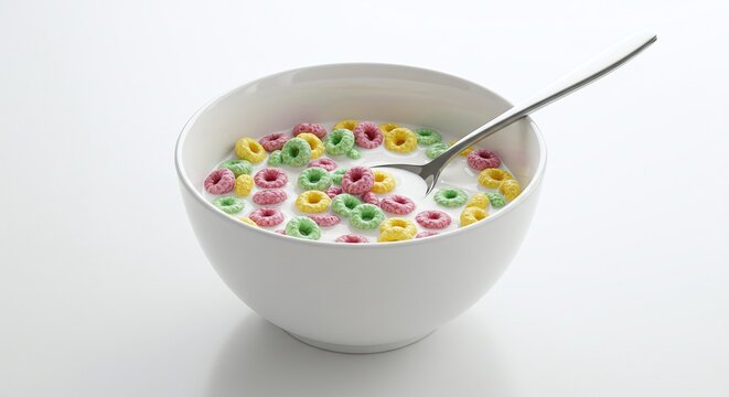 Colorful Fruit Loops Cereal in White Bowl with Milk and Spoon on White Background - Powered by Adobe