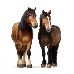 Fototapeta premium Majestic pair of draft horses standing together against white background, one bay with black mane and one brown with white blaze, showcasing equestrian beauty in professional animal photography