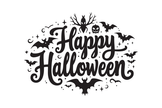 Happy halloween text with spooky bats and a jack o lantern