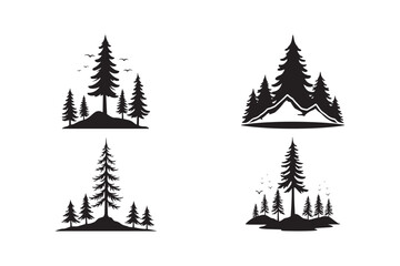 Obraz premium Silhouette scenes of pine trees and mountains with birds