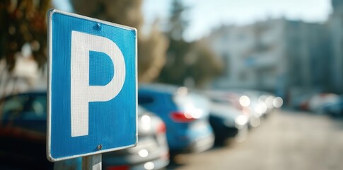 Blue parking sign with white "P" in focus, cars parked in background, outdoor parking lot, blurred backdrop, web banner with copy space.