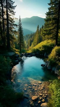 Mountain Spring Pond with Crystal Clear Water at Sunrise