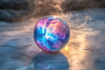 A glass sphere captures the vibrant colors and swirling nebula of a cosmic galaxy.