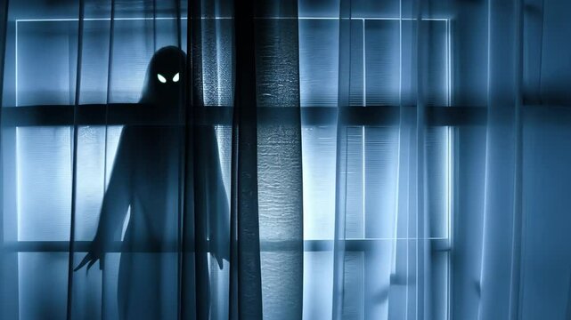 The Silhouette's Gaze: A chilling silhouette of a spectral figure casts an ominous presence from behind the window, creating a palpable sense of dread and anticipation in a haunted, eerie room.