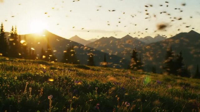 High alpine meadow with light insects rising as the sun sets behind distant ridges.
