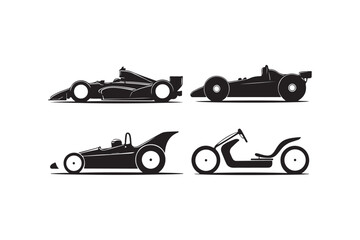 Collection of four stylized black silhouettes of racing cars