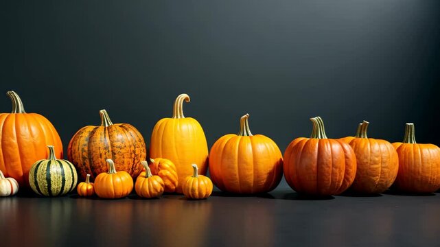Autumnal Bounty: A vibrant display of pumpkins in various shapes, sizes, and hues, symbolizing the spirit of autumn and harvest season against the deep dark backdrop.
