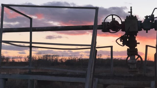 Kharkiv region, Shebelinka gas field, production at a depth of 1-2 kilometers, located in corn and sunflower fields, sunset