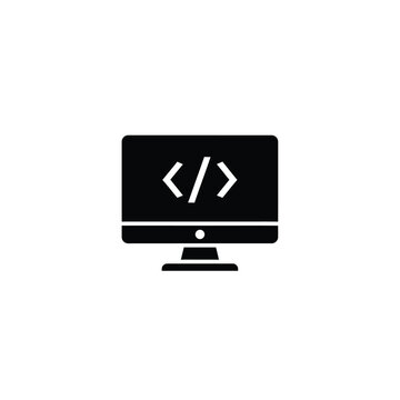 Simple black icon of a computer monitor displaying code.