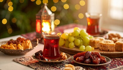 Ramadan Feast Featuring Dates and Tea Arranged on Decorated Table with Lantern