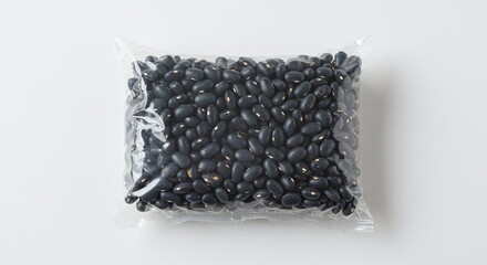 Black Bean Pack Fresh Organic Dark Beans in Clear Plastic Bag on White Background