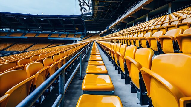 Rows of yellow stadium seats stretching into the distance under a metal structure