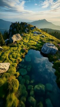 Alpine Ridge with Rocky Pond and Lush Green Moss at Sunset