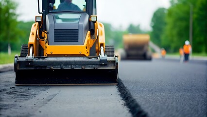 Close up of a yellow road milling machine working on asphalt road construction site