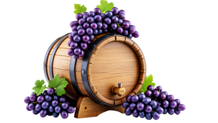 Wooden wine barrel with ripe purple grapes and green leaves isolated on transparent background