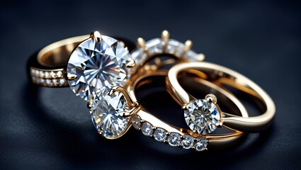 A close-up shot of three elegant diamond rings