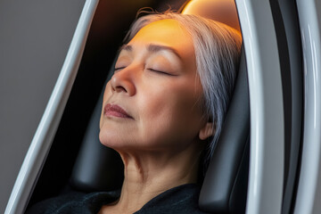 Elderly Woman Undergoing Non-Invasive Health Scan in Sleek Home Pod for Preventative Care Technology