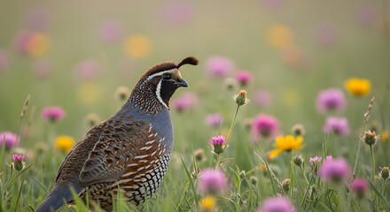 Beautiful Wild Male Ring-necked Pheasant in a Colorful Meadow of Pink and Yellow Flowers