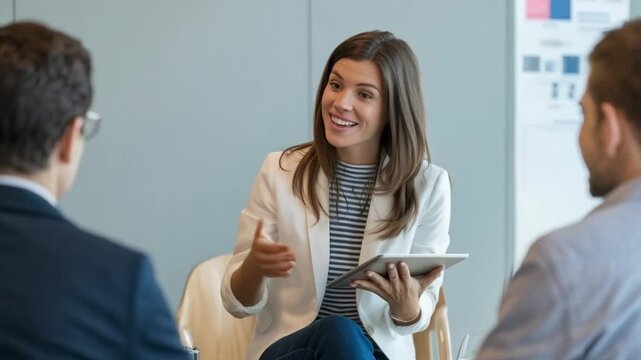 Confident businesswoman leads business meeting using digital tablet and communication