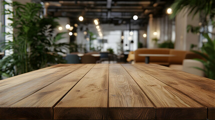 Empty wooden table in a modern office environment.