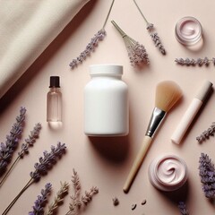 Natural skincare arrangement with lavender and cosmetic products on a soft surface
