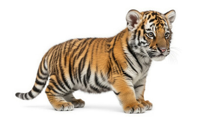 Obraz premium Adorable tiger cub standing, showcasing its distinctive orange and black stripes against a stark white background.