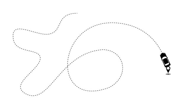 Car route animation showing a car moving along a curved dashed line passing multiple location pins on white background. 4K animated for motion graphics, infographics, travel, delivery, and map route.