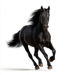 Fototapeta premium Majestic black stallion galloping with flowing mane and tail against pure white background, showcasing powerful muscles and graceful movement in professional equine photography with free copy space