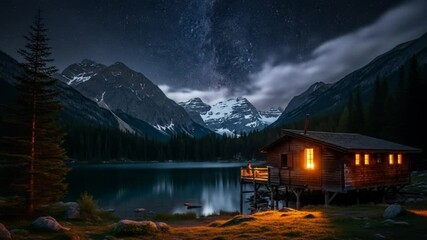 Wooden lakeside cabin glowing in starlit night among alpine mountains. Nature concept