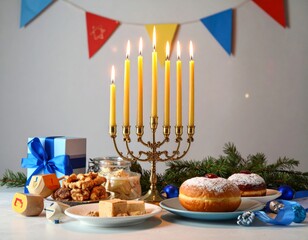 Hanukkah Celebration with Lit Menorah Gifts and Sufganiyot Doughnuts